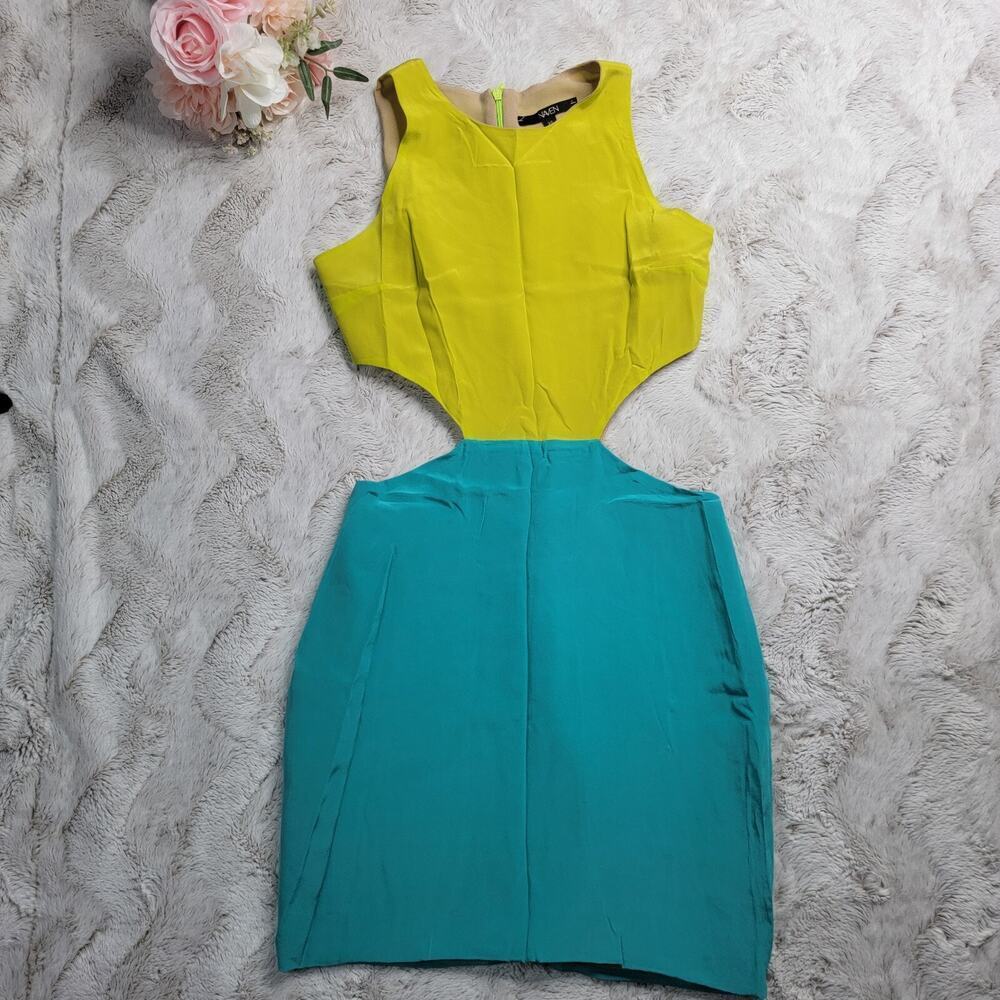 Naven Silk Shell Yellow Blue Cut Out Side Sleeveless Dress Size XS